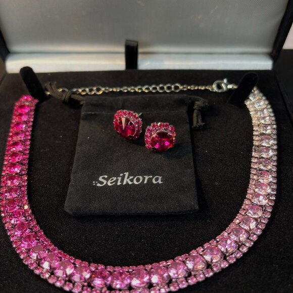 Choker Necklace Earrings Jewelry Set Zirconia Pink Multi color with Gift Box - Picture 2 of 8